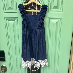 Navy Blue Kids Dress with Lace Trim